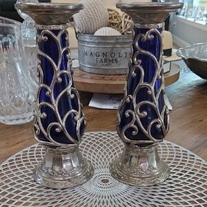 Decorative Blue Glass and Silver Filigree Candle Holders - Set of 2